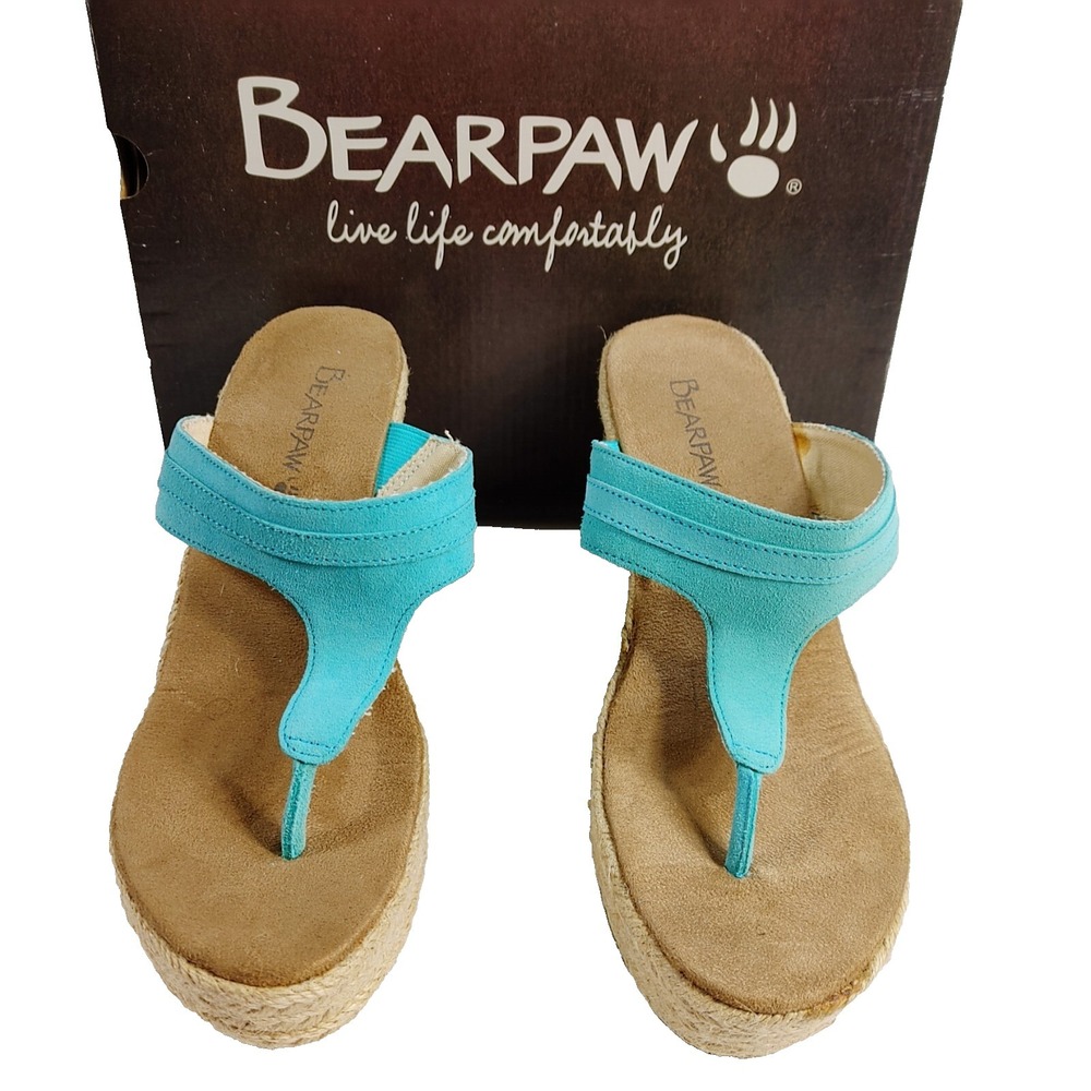 BEARPAW Women's Wedge Sandal Size 8 Tan/Aqua Cork Summer Thong Shoe